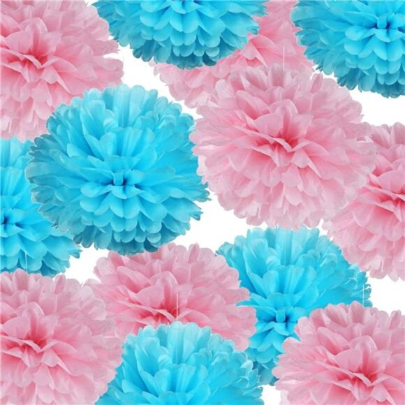 14" Pink & Blue Tissue Pom Poms Kit DIY Decorative Paper Flowers for Baby Shower - Picture 1 of 5